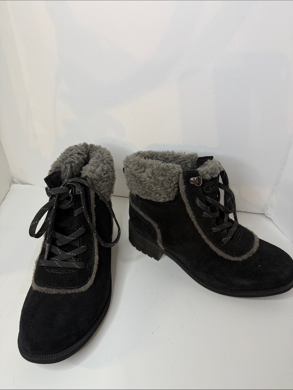 UGG Women's Black Suede Lace-Up Ankle Boots with Gray Shearling Trim